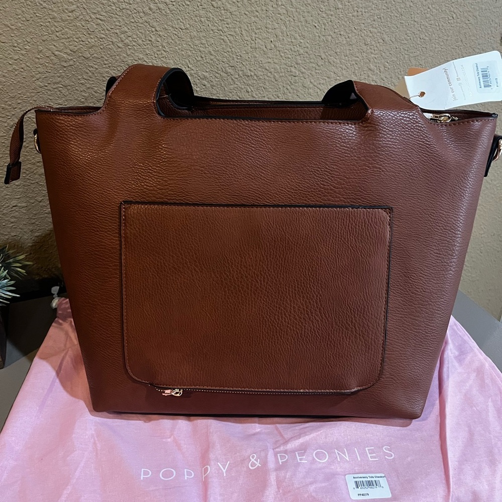NWT Poppy & Peonies 10th anniversary Poppy tote and cosmetic trio chesnut brown - Picture 3 of 5